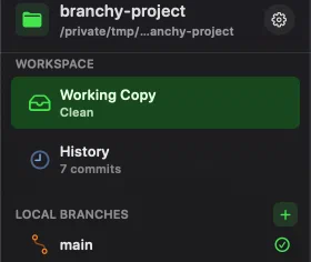 Innesta's sidebar listing a feature group with two branches under it and main checked out