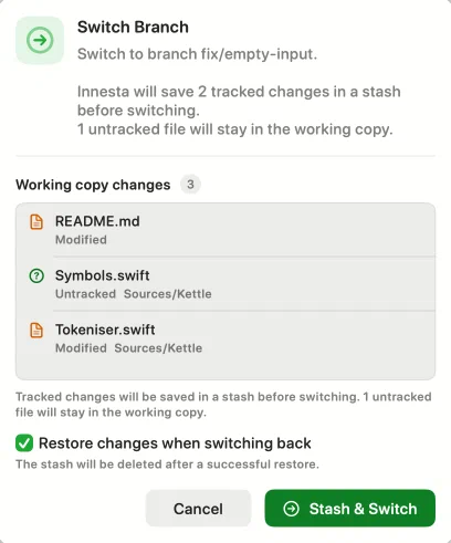 The Switch Branch sheet listing three working copy changes, with Restore changes when switching back ticked and a note under it saying the stash will be deleted after a successful restore — light appearance