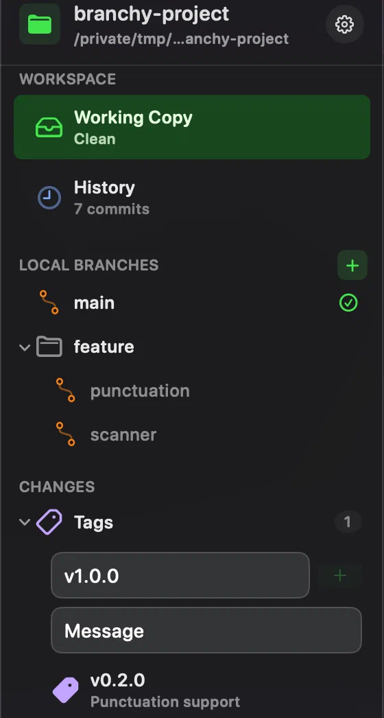 Innesta's sidebar with the Tags group expanded, showing a name field, a message field and one release tag
