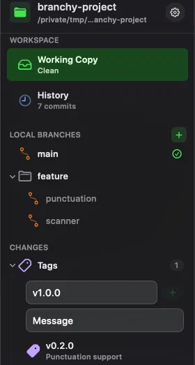 Innesta's sidebar with the Tags group expanded, showing a name field, a message field and one release tag