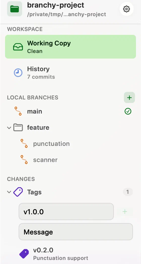 Innesta's sidebar with the Tags group expanded, showing a name field, a message field and one release tag — light appearance