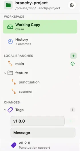 Innesta's sidebar with the Tags group expanded, showing a name field, a message field and one release tag — light appearance