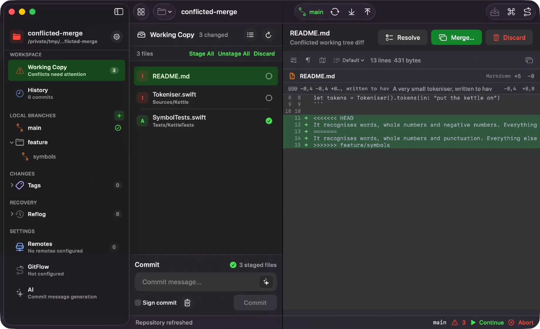 Innesta during a conflicted merge, with the sidebar reading Conflicts need attention, two conflicted files listed, conflict markers in the diff, and Continue and Abort in the status bar