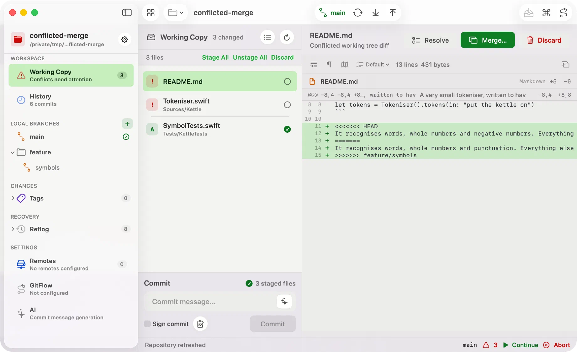Innesta during a conflicted merge, with the sidebar reading Conflicts need attention, two conflicted files listed, conflict markers in the diff, and Continue and Abort in the status bar — light appearance