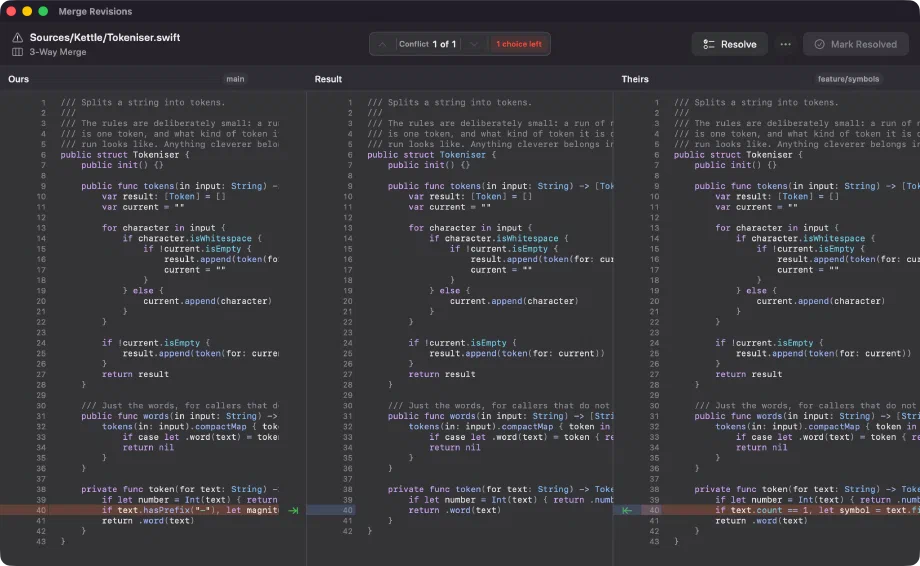 Innesta's three-pane merge editor: ours on the left from main, the editable result in the middle, and theirs on the right from feature/symbols