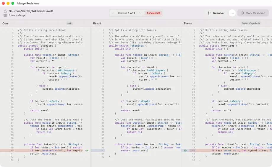 Innesta's three-pane merge editor: ours on the left from main, the editable result in the middle, and theirs on the right from feature/symbols — light appearance