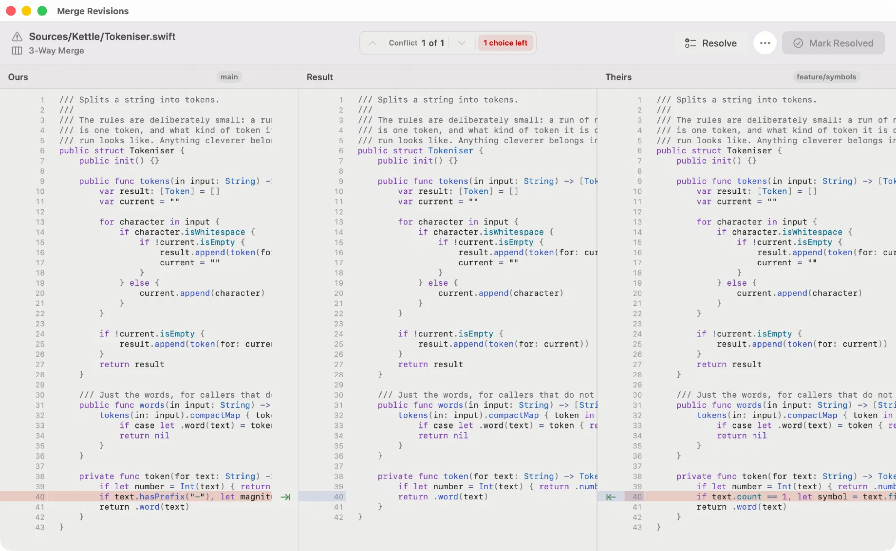 Innesta's three-pane merge editor: ours on the left from main, the editable result in the middle, and theirs on the right from feature/symbols — light appearance