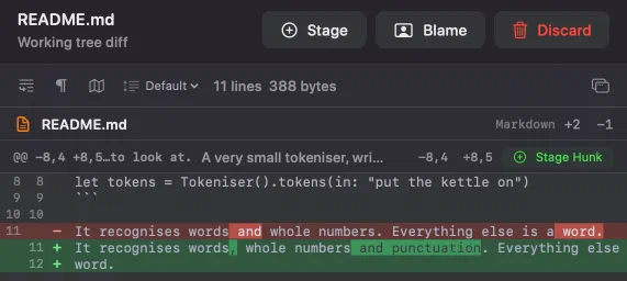 Innesta showing an inline diff of a Markdown file with additions and deletions
