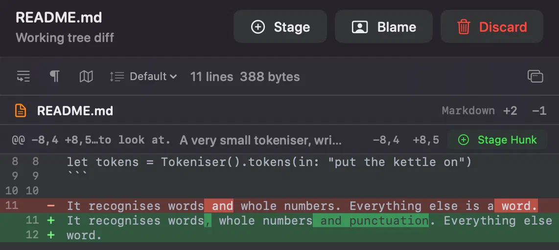 Innesta showing an inline diff of a Markdown file with additions and deletions