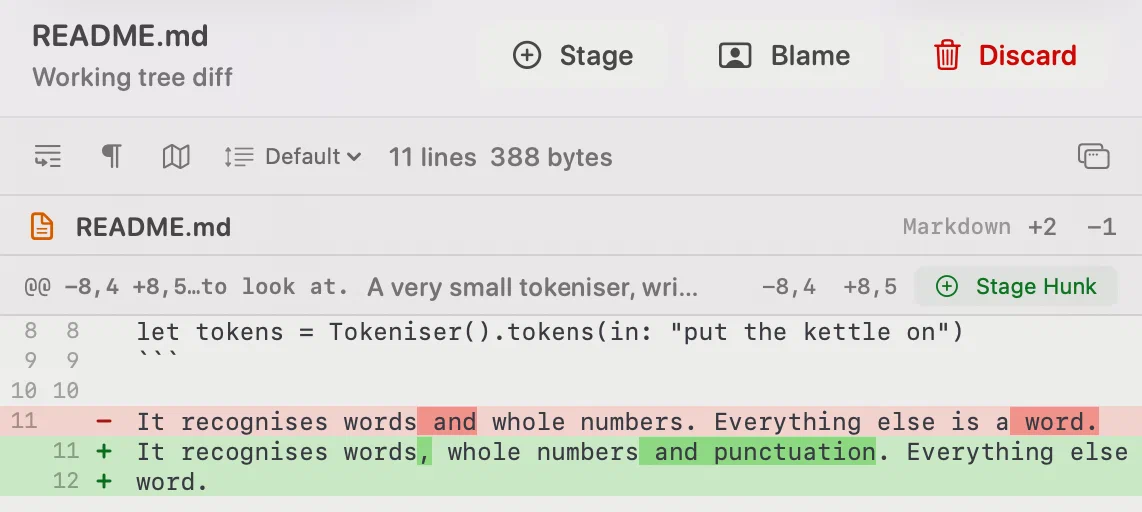Innesta showing an inline diff of a Markdown file with additions and deletions — light appearance