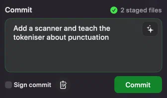 Innesta's commit panel with a typed commit message and two files staged