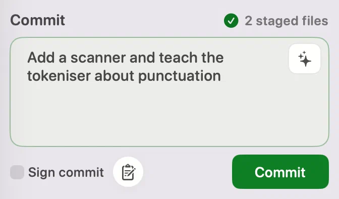 Innesta's commit panel with a typed commit message and two files staged — light appearance