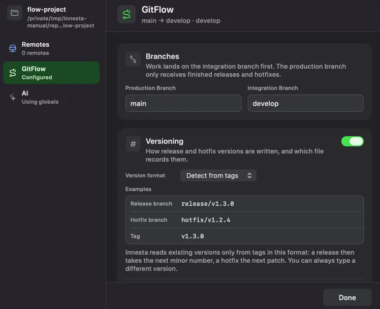 The GitFlow page of Innesta's repository settings, showing the production branch main, the integration branch develop, and the versioning options under them
