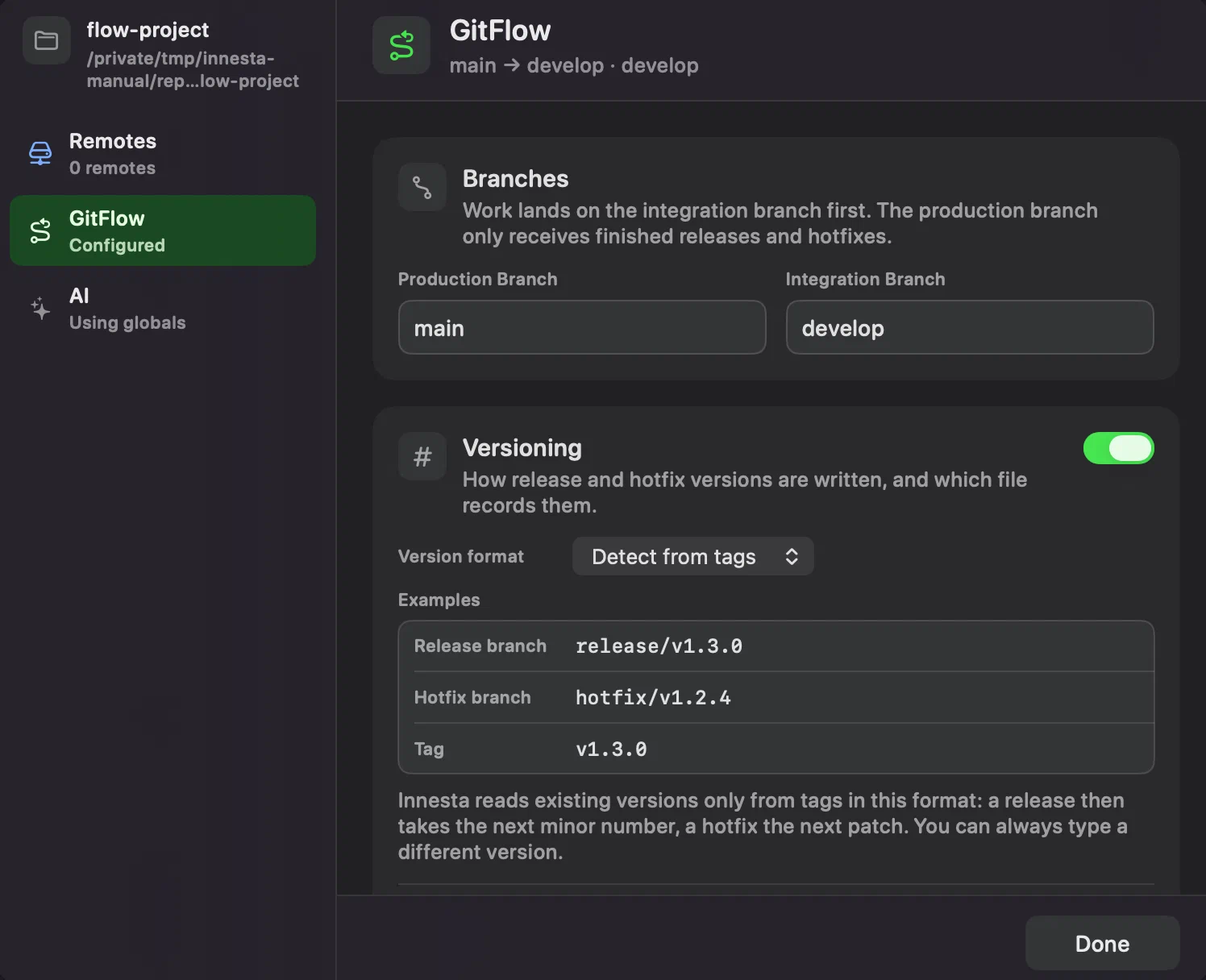 The GitFlow page of Innesta's repository settings, showing the production branch main, the integration branch develop, and the versioning options under them