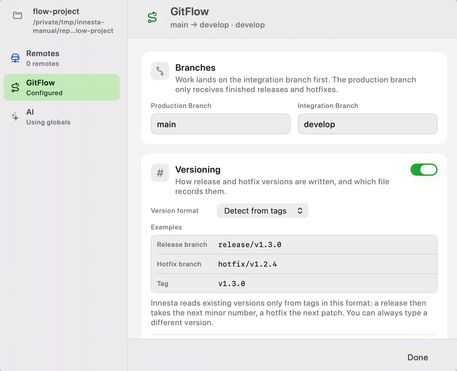 The GitFlow page of Innesta's repository settings, showing the production branch main, the integration branch develop, and the versioning options under them — light appearance