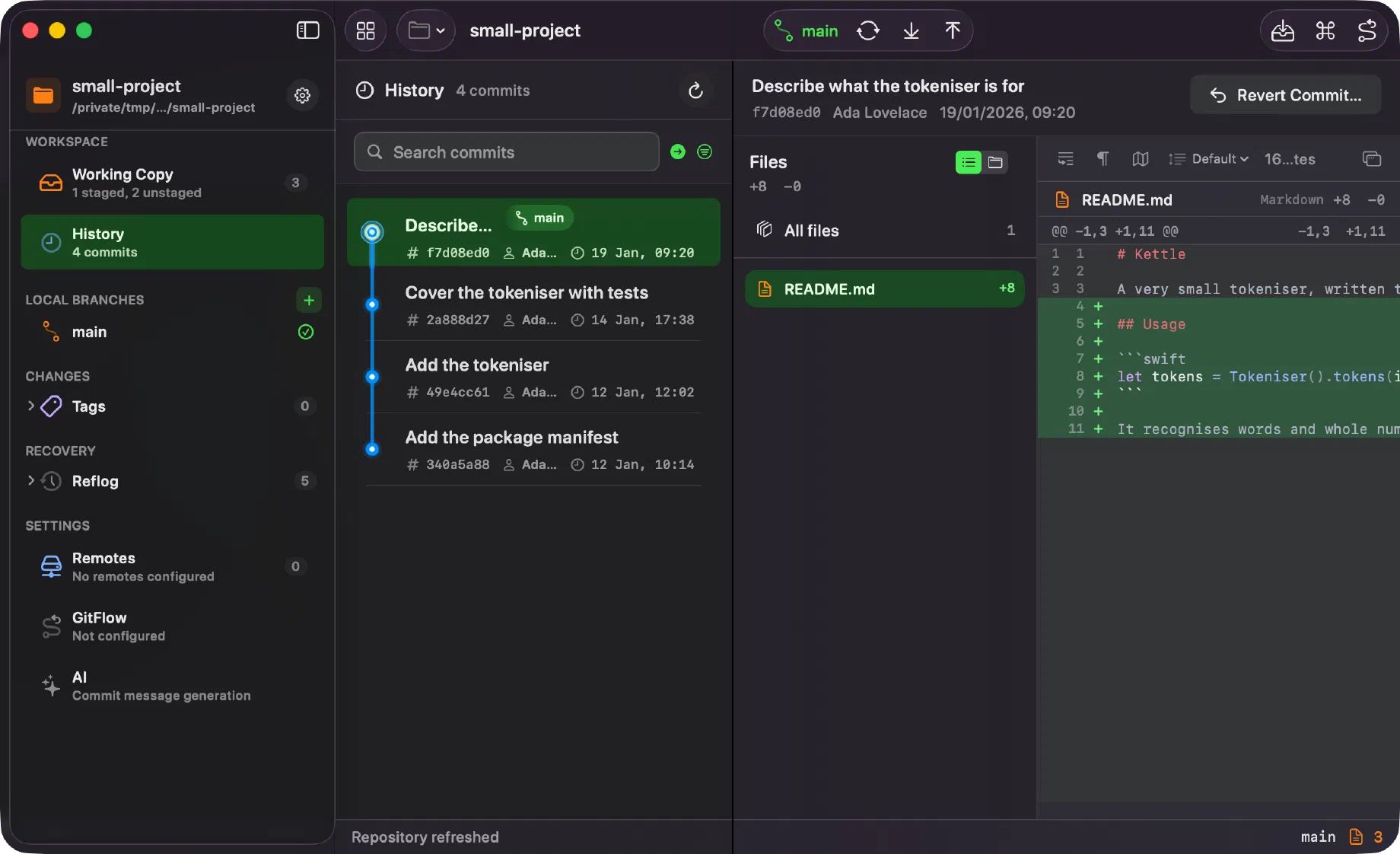 Innesta showing a repository's history, with the newest commit selected and its changed file and diff beside it