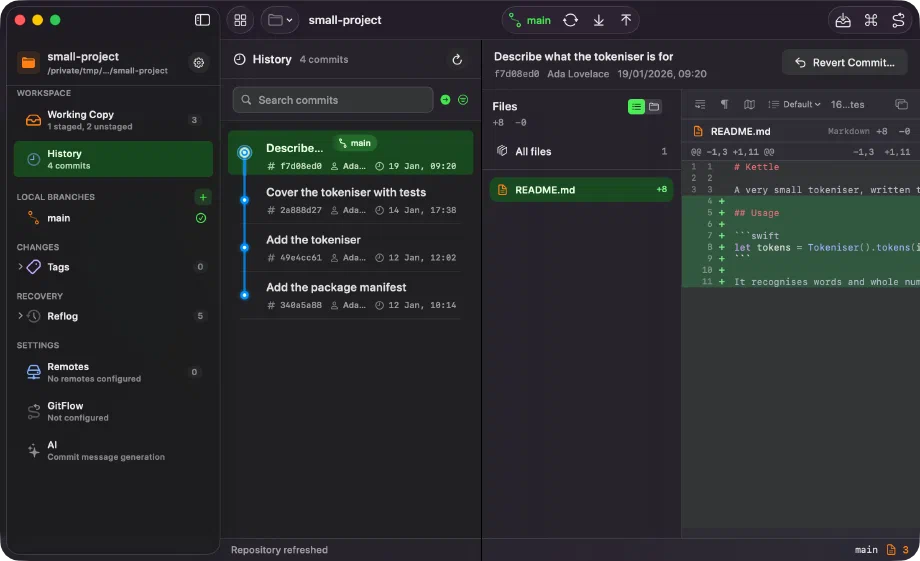 Innesta showing a repository's history, with the newest commit selected and its changed file and diff beside it