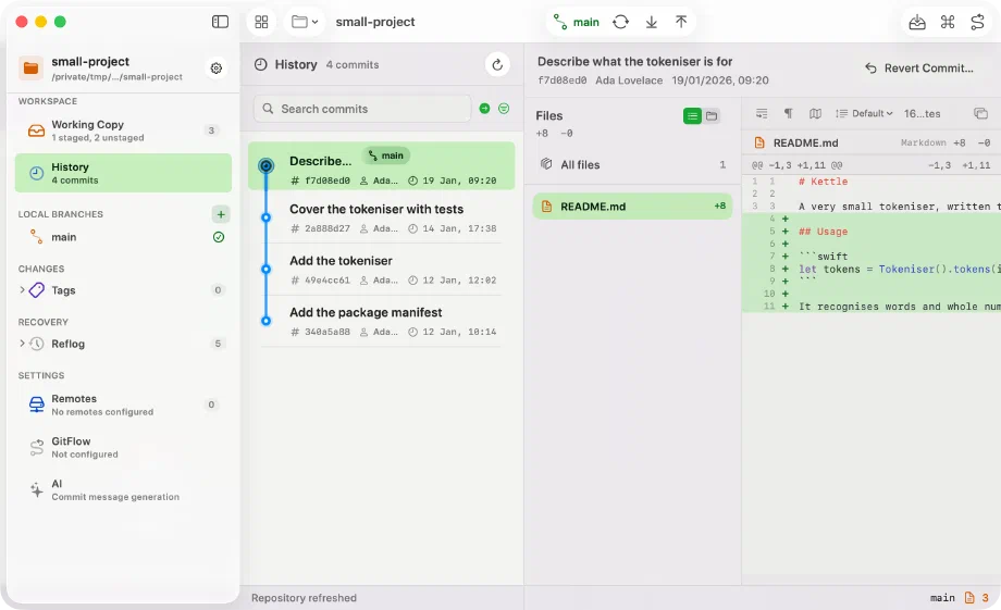 Innesta showing a repository's history, with the newest commit selected and its changed file and diff beside it — light appearance