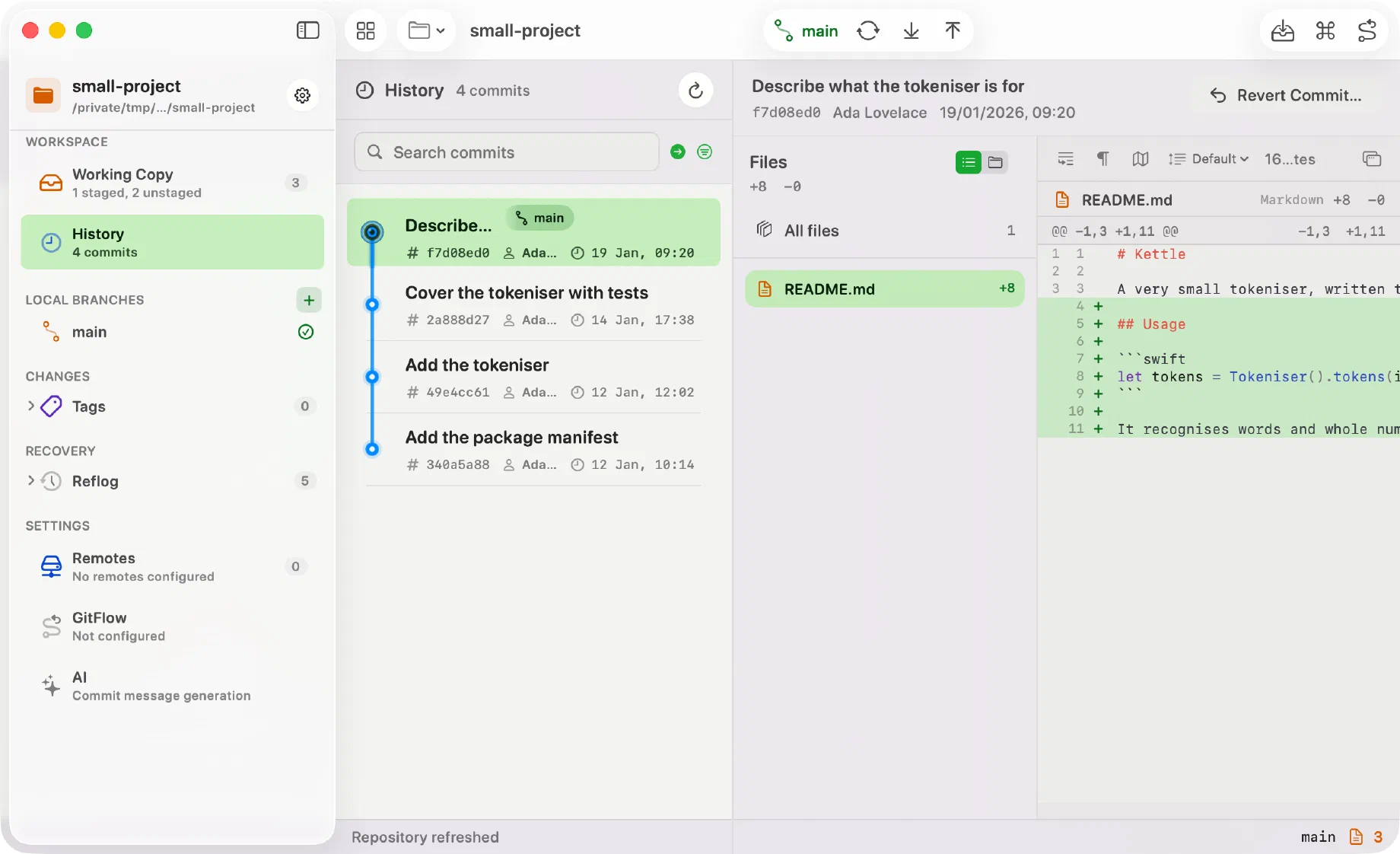Innesta showing a repository's history, with the newest commit selected and its changed file and diff beside it — light appearance