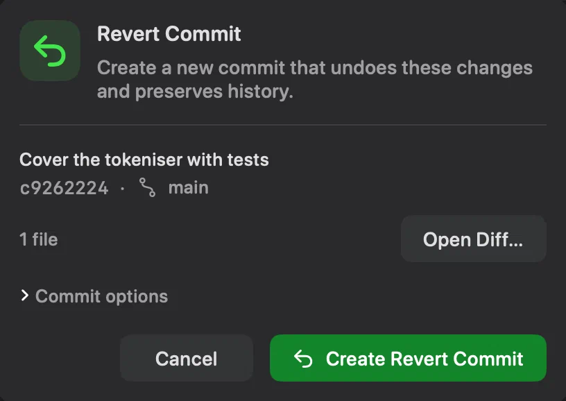 Innesta's Revert Commit sheet, naming the commit it would undo, the branch the new commit would go on, the number of files it touches, and a Create Revert Commit button