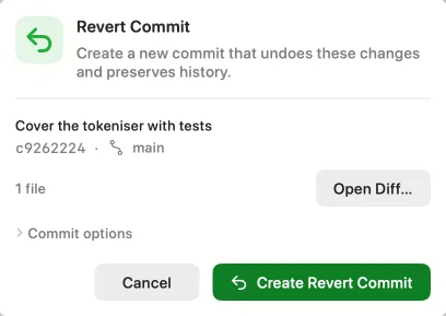 Innesta's Revert Commit sheet, naming the commit it would undo, the branch the new commit would go on, the number of files it touches, and a Create Revert Commit button — light appearance