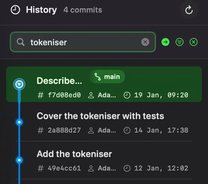 Innesta's history filtered to the commits whose messages mention the tokeniser