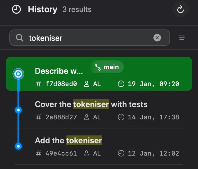 Innesta's history filtered to the commits whose messages mention the tokeniser