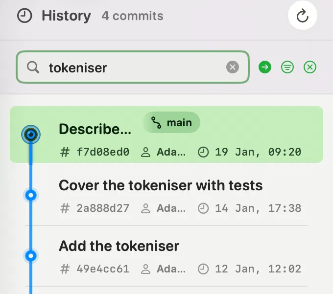 Innesta's history filtered to the commits whose messages mention the tokeniser — light appearance