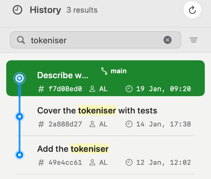 Innesta's history filtered to the commits whose messages mention the tokeniser — light appearance