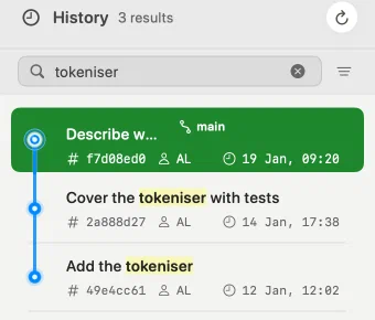 Innesta's history filtered to the commits whose messages mention the tokeniser — light appearance