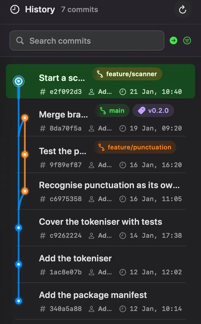 Innesta's commit history with the graph beside it, showing a feature branch merging back into main