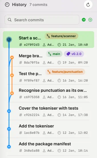 Innesta's commit history with the graph beside it, showing a feature branch merging back into main — light appearance
