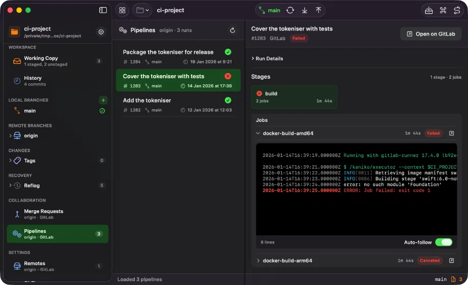 The Pipelines section of Innesta for macOS with a failed GitLab pipeline selected, its stages and jobs listed, and the failing job's log expanded underneath showing coloured terminal output