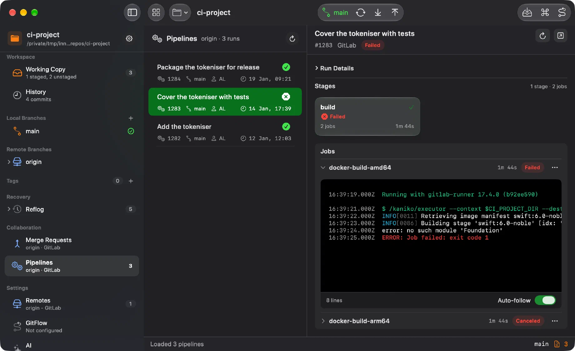 The Pipelines section of Innesta for macOS with a failed GitLab pipeline selected, a retry button in its header, its stage, and the failing job's log open under its row showing coloured terminal output, above the next job