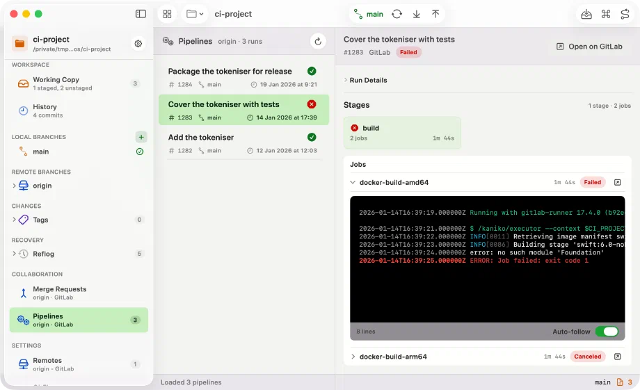 The Pipelines section of Innesta for macOS with a failed GitLab pipeline selected, its stages and jobs listed, and the failing job's log expanded underneath showing coloured terminal output — light appearance