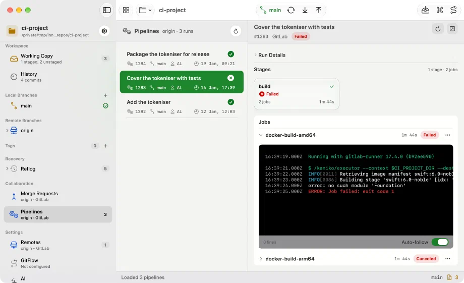 The Pipelines section of Innesta for macOS with a failed GitLab pipeline selected, a retry button in its header, its stage, and the failing job's log open under its row showing coloured terminal output, above the next job — light appearance
