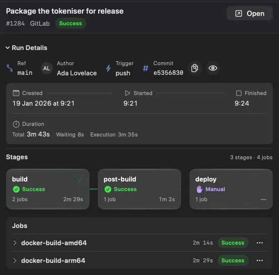 A finished GitLab pipeline in Innesta: Run Details with ref, author, trigger and commit, a timeline with total, waiting and execution times, three stage cards, and the jobs of the build stage