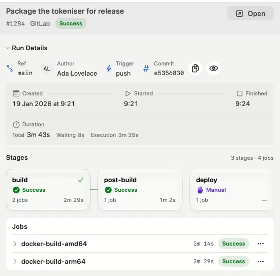 A finished GitLab pipeline in Innesta: Run Details with ref, author, trigger and commit, a timeline with total, waiting and execution times, three stage cards, and the jobs of the build stage — light appearance