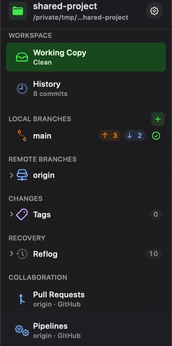 Innesta's sidebar with a Collaboration group holding Pull Requests and Pipelines, each labelled origin · GitHub
