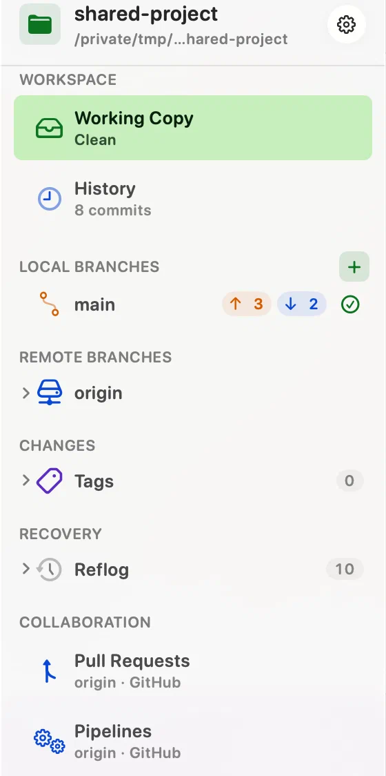 Innesta's sidebar with a Collaboration group holding Pull Requests and Pipelines, each labelled origin · GitHub — light appearance