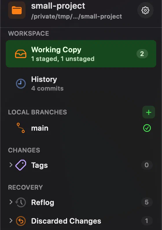 Innesta's sidebar after discarding a file, with a Recovery group holding the reflog and one entry under Discarded Changes