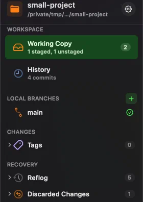 Innesta's sidebar after discarding a file, with a Recovery group holding the reflog and one entry under Discarded Changes