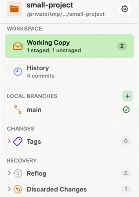 Innesta's sidebar after discarding a file, with a Recovery group holding the reflog and one entry under Discarded Changes — light appearance