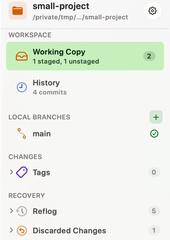 Innesta's sidebar after discarding a file, with a Recovery group holding the reflog and one entry under Discarded Changes — light appearance