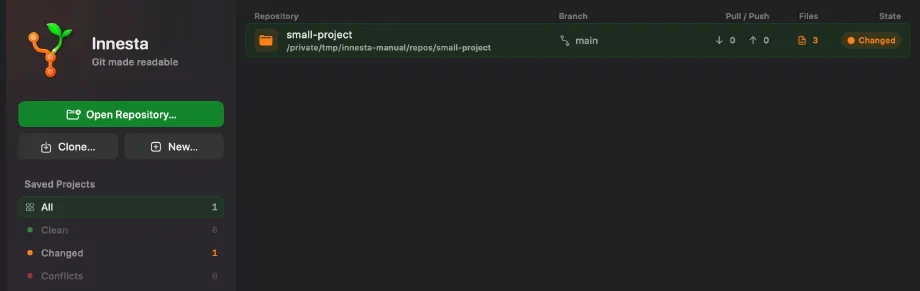 Innesta's Projects view, with Open, Clone and New on the left above filters counting all, clean, changed and conflicted repositories, and one project listed with its branch and changed-file count