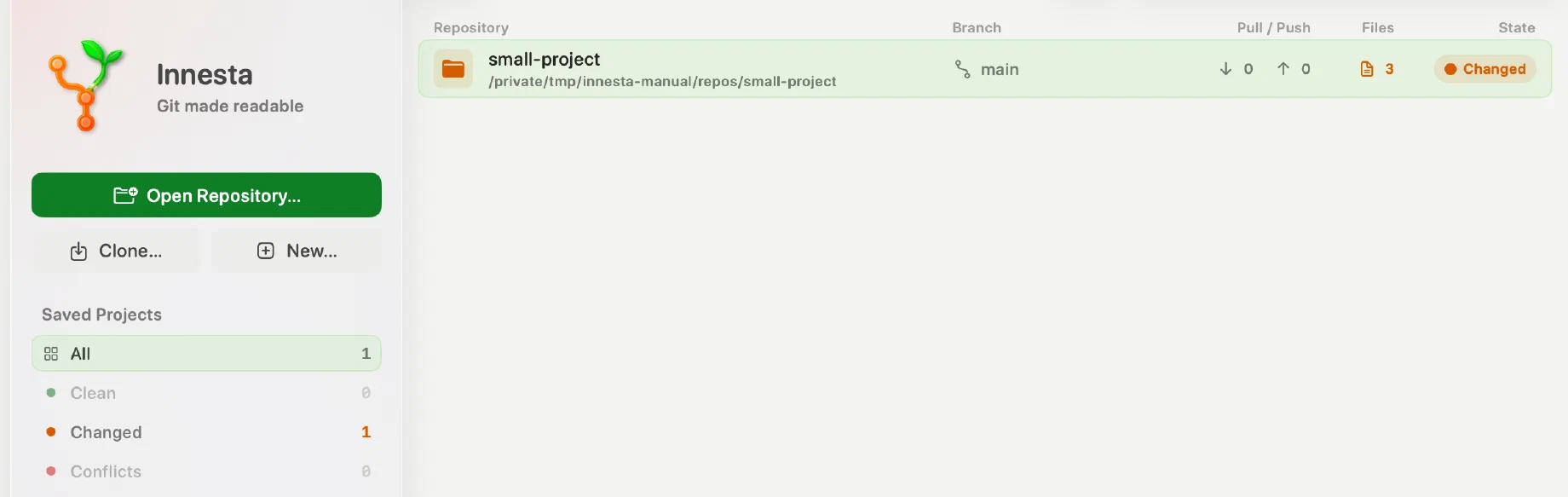 Innesta's Projects view, with Open, Clone and New on the left above filters counting all, clean, changed and conflicted repositories, and one project listed with its branch and changed-file count — light appearance
