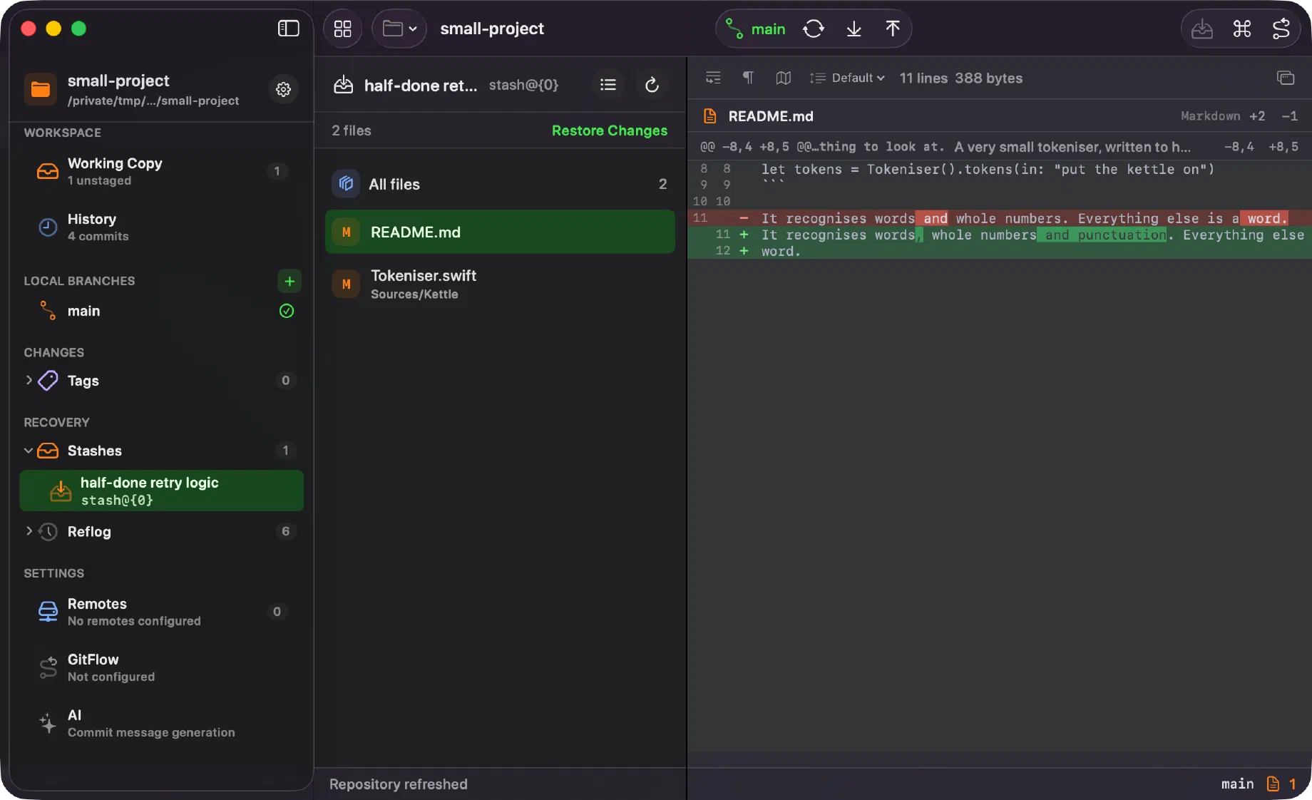 Innesta with a stash open for review, its two files listed in the middle column under an All files row, a single Restore Changes button above them, the diff of the selected file on the right, and the stash selected in the sidebar