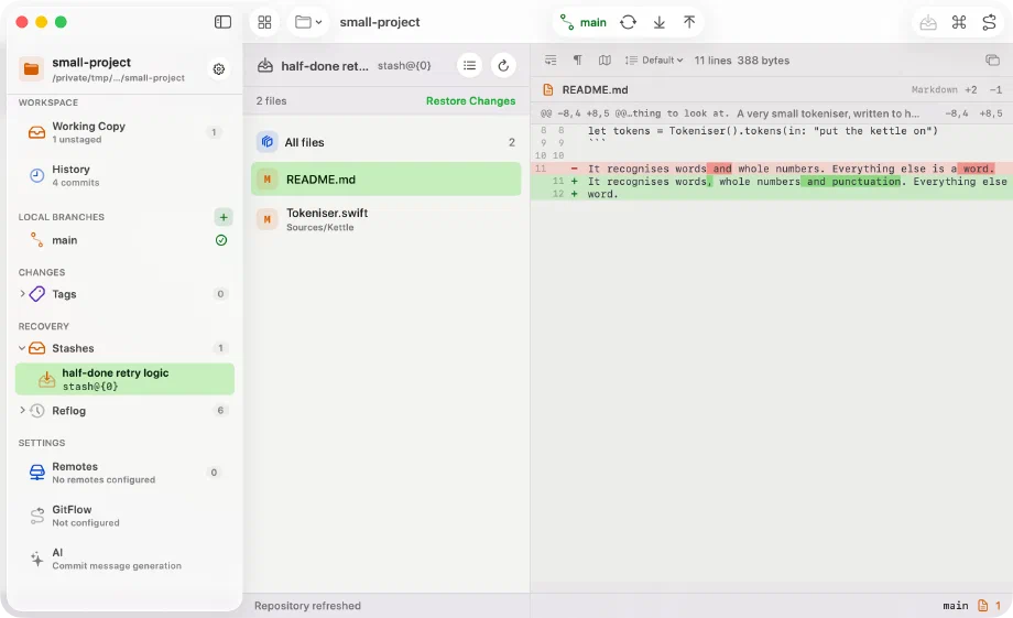 Innesta with a stash open for review, its two files listed in the middle column under an All files row, a single Restore Changes button above them, the diff of the selected file on the right, and the stash selected in the sidebar — light appearance