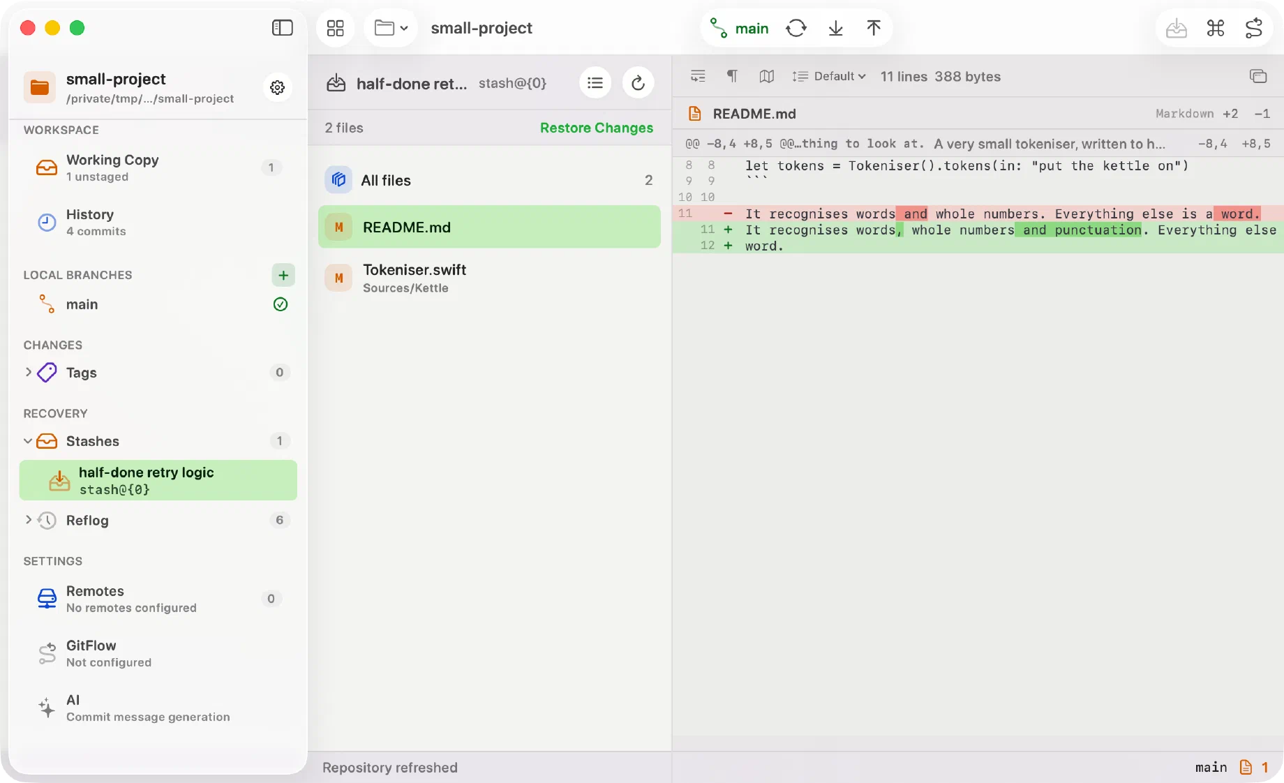 Innesta with a stash open for review, its two files listed in the middle column under an All files row, a single Restore Changes button above them, the diff of the selected file on the right, and the stash selected in the sidebar — light appearance
