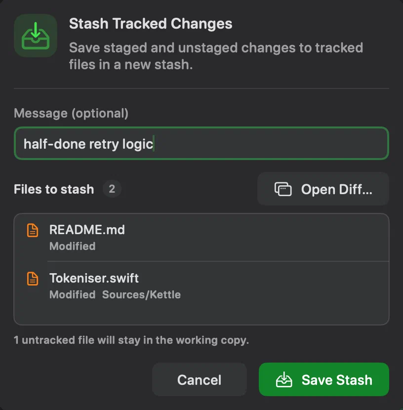 The Stash Tracked Changes sheet, with a message typed into it, the two modified files it would take, and a note that one untracked file will stay in the working copy